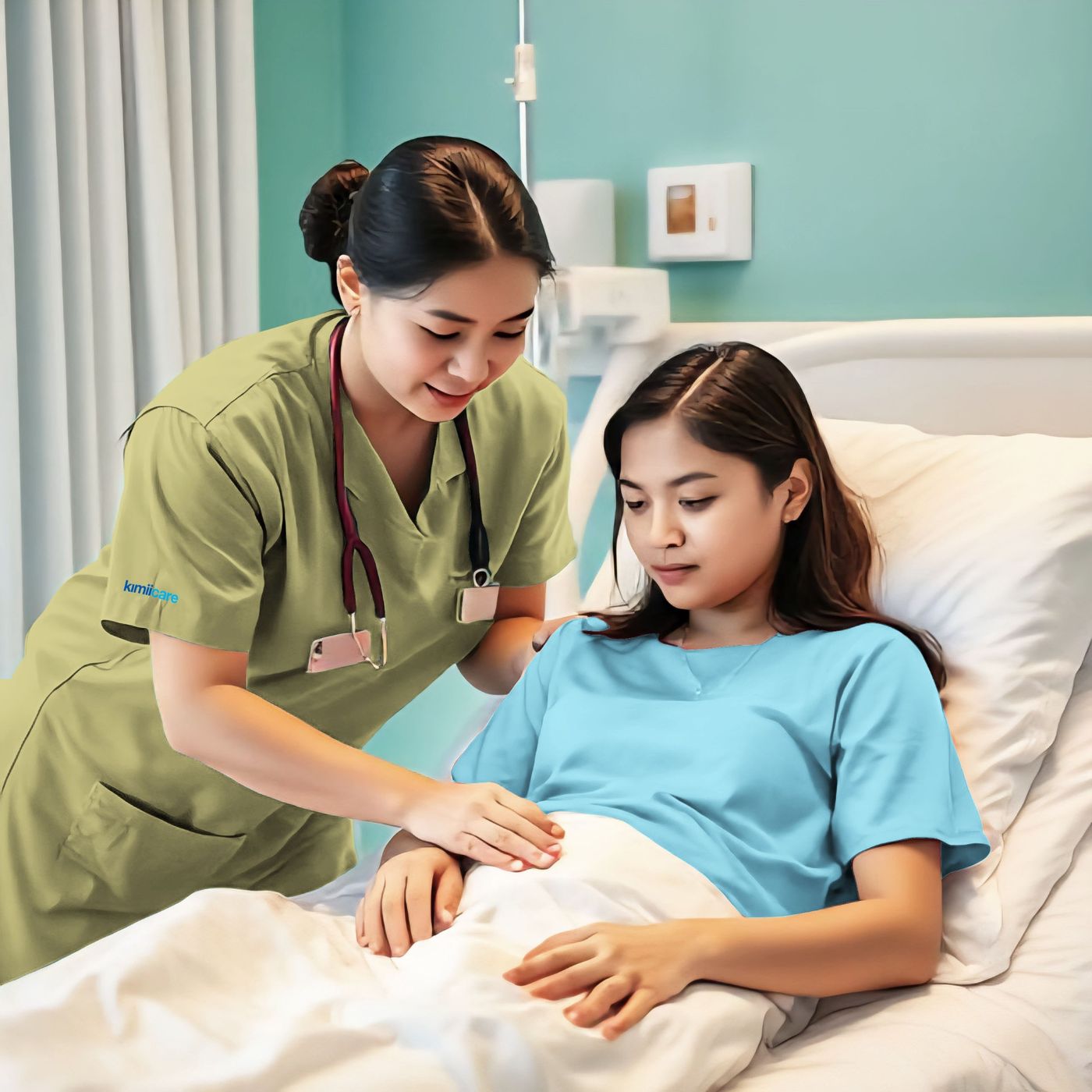 A nurse holding an elderly patient's hands