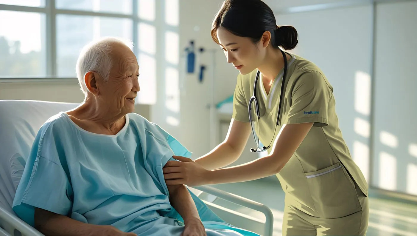 A Kimiicare nurse caring for an elderly patient at home